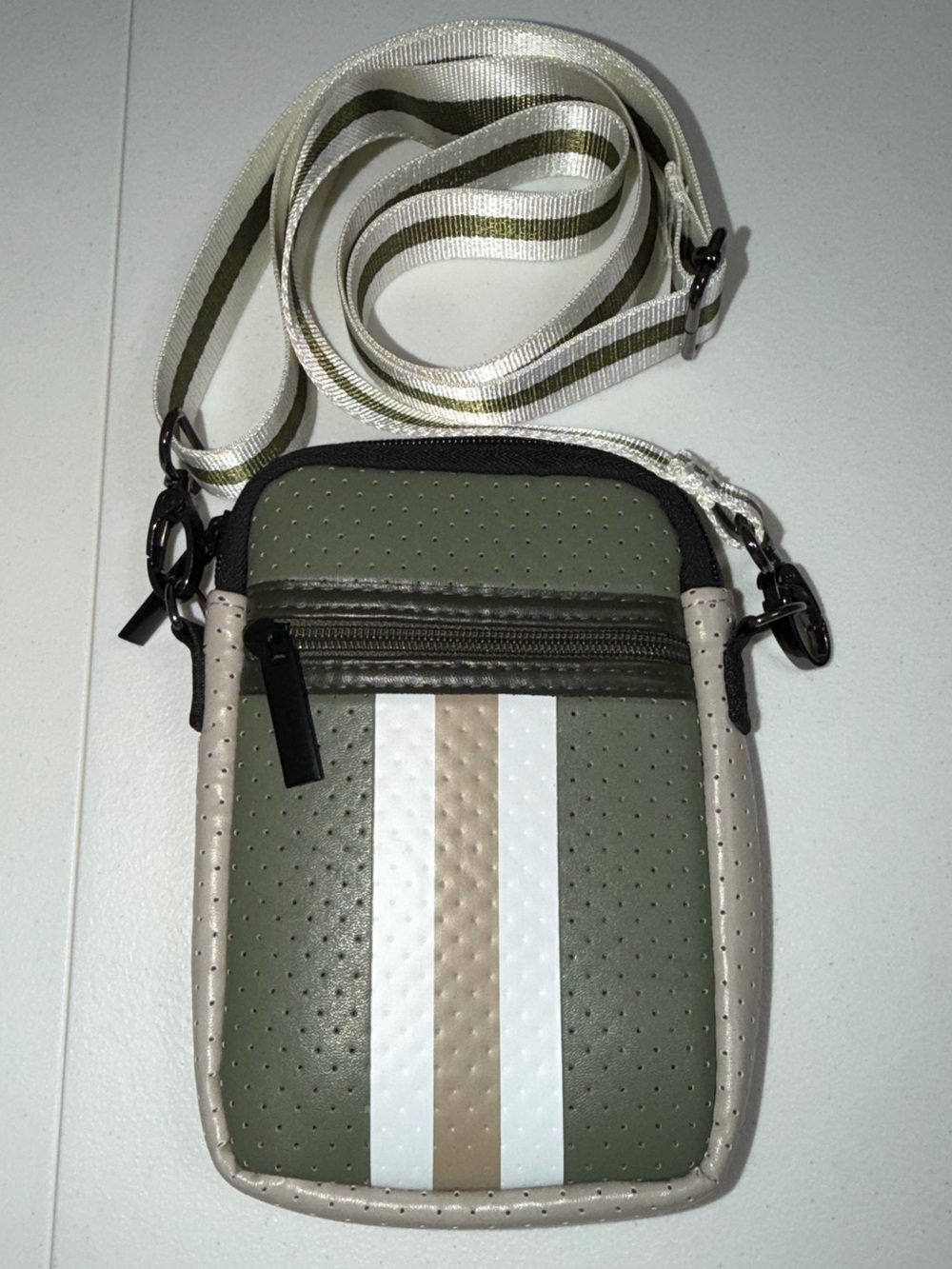 Haute Shore Olive Green Perforated Neoprene Crossbody Phone Bag Bag Stripe Strap